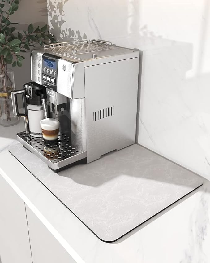 AMOAMI-Coffee Mat Hide Stain Rubber Backed Absorbent Dish Drying Mat for Kitchen Counter-Coffee Bar Accessories Fit Under Coffee Maker, Espresso Machine, Pot, Dish Rack,Light Grey 16X24