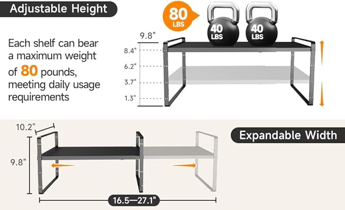 taiheis 16.5~27.1" Expandable Shelf，2Pack 8.1" Wide Adjustable Height Cabinet Shelves，Black