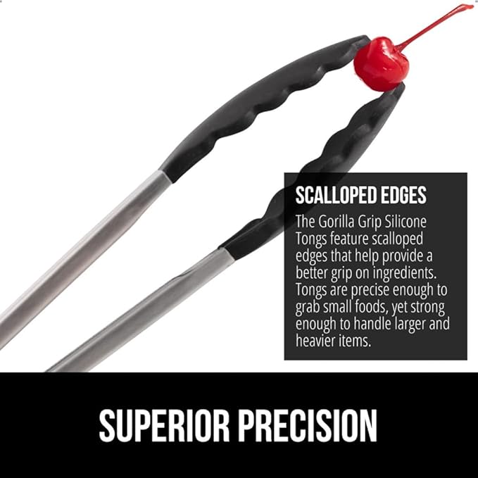 GORILLA GRIP Stainless Steel BPA-Free Kitchen Tongs for Cooking, 7+9+12 Inch, Heat Resistant BBQ Tong Set of 3, Non Scratch Silicone Tip for Pan, Strong Grip, Grab Food, Toss Salad, Pull Lock, Black