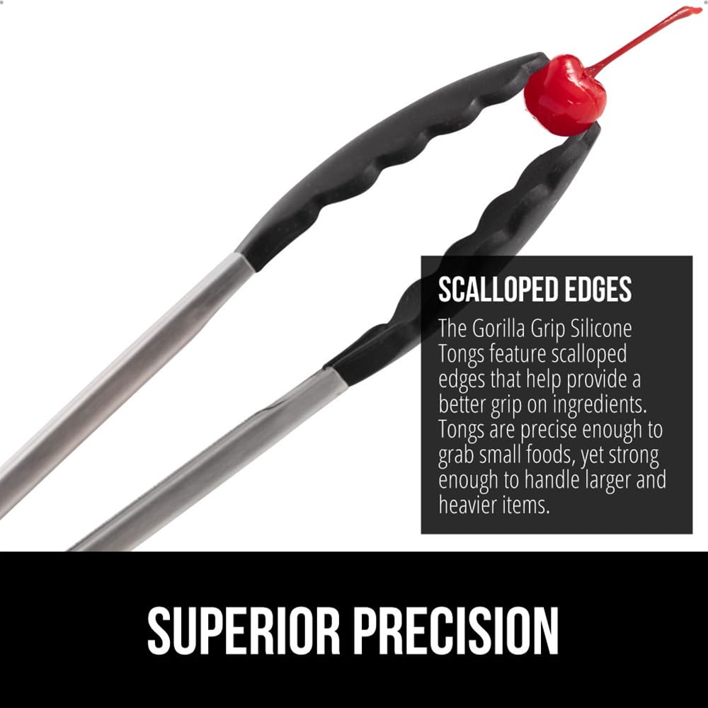 GORILLA GRIP Stainless Steel BPA-Free Kitchen Tongs for Cooking, 9+12 Inch, Heat Resistant BBQ Tong Set of 2, Non Scratch Silicone Tip for Pan, Strong Grip, Grab Food, Toss Salad, Pull Lock, Black