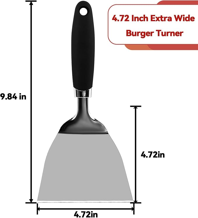 JXWING 9.8 Inch Wide Turner Spatula, 304 Stainless Steel for Grills, Black