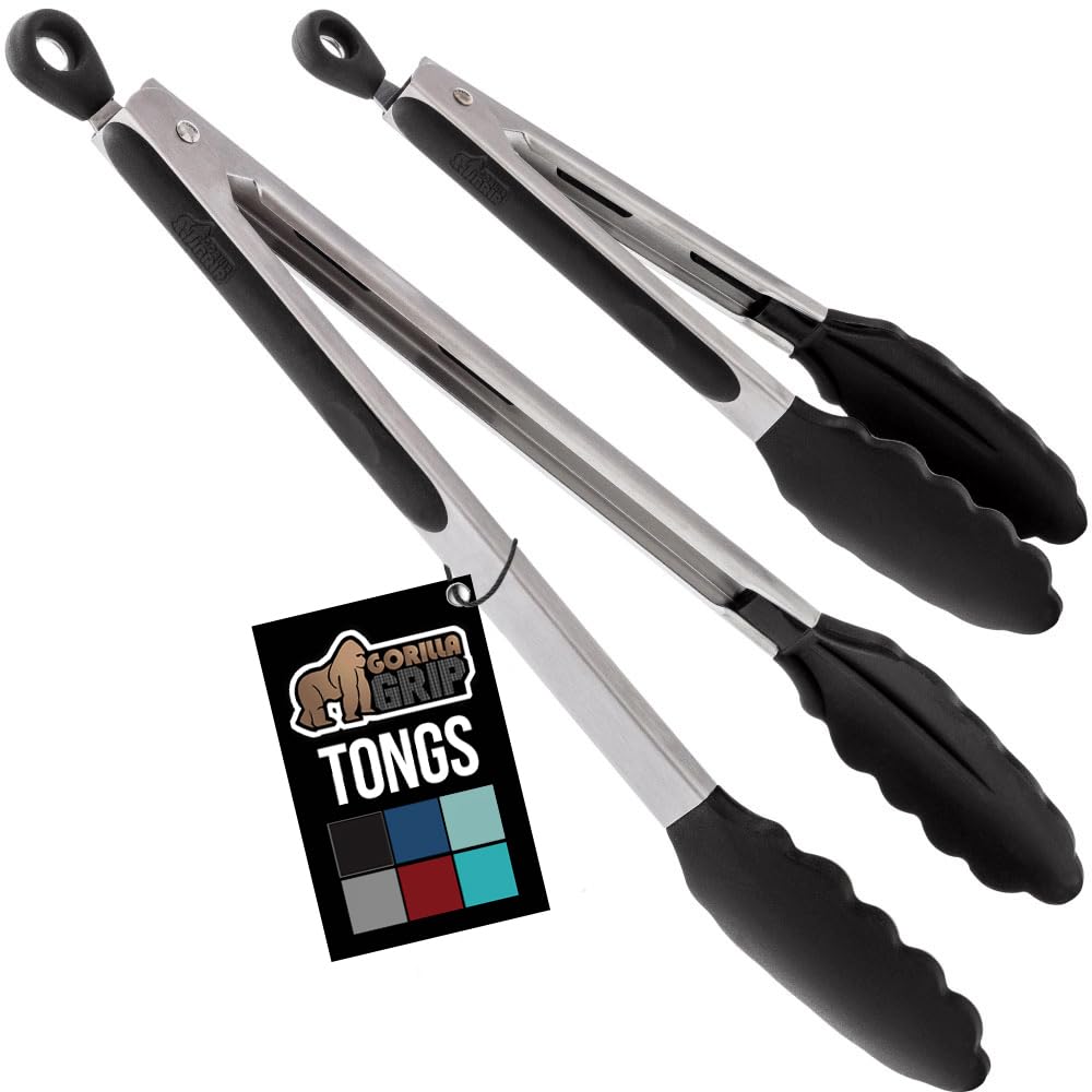 GORILLA GRIP Stainless Steel BPA-Free Kitchen Tongs for Cooking, 9+12 Inch, Heat Resistant BBQ Tong Set of 2, Non Scratch Silicone Tip for Pan, Strong Grip, Grab Food, Toss Salad, Pull Lock, Black