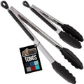 GORILLA GRIP Stainless Steel BPA-Free Kitchen Tongs for Cooking, 9+12 Inch, Heat Resistant BBQ Tong Set of 2, Non Scratch Silicone Tip for Pan, Strong Grip, Grab Food, Toss Salad, Pull Lock, Black