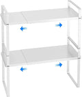 KIKIBRO Expandable Cabinet Shelf Organizer, Stackable Kitchen Pantry Counter Storage, Adjustable Closet Cupboard Stand Rack Risers Spice Organization 80LBS Heavy Duty White Large 2 Pack