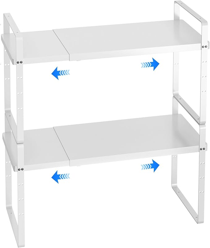 KIKIBRO Expandable Cabinet Shelf Organizer, Stackable Kitchen Pantry Counter Storage, Adjustable Closet Cupboard Stand Rack Risers Spice Organization 80LBS Heavy Duty White Large 2 Pack