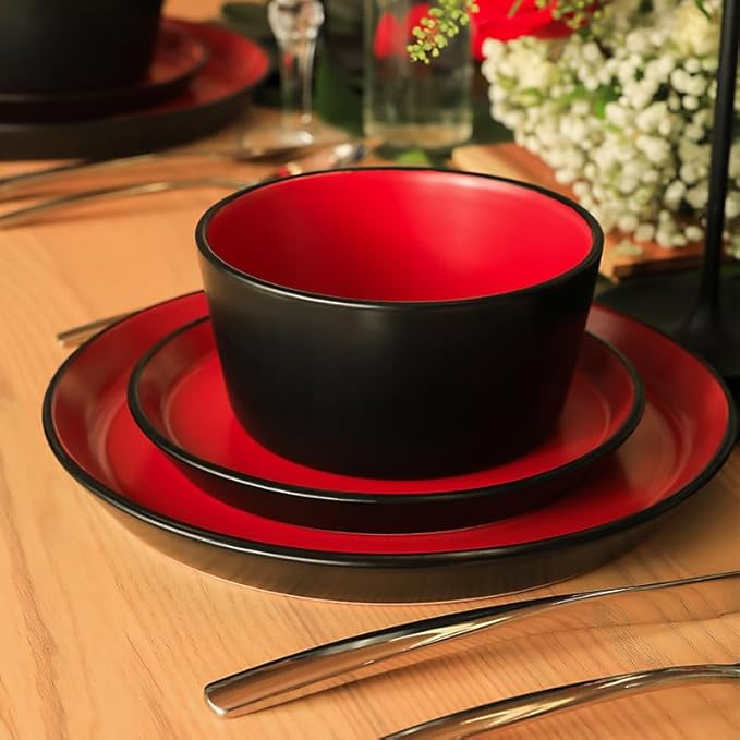 Stone Lain Albie Stoneware 16 Piece Modern Dinnerware Set, Kitchen Plates and Bowls Sets, Service for 4, Red and Black, Microwave & Dishwasher Safe