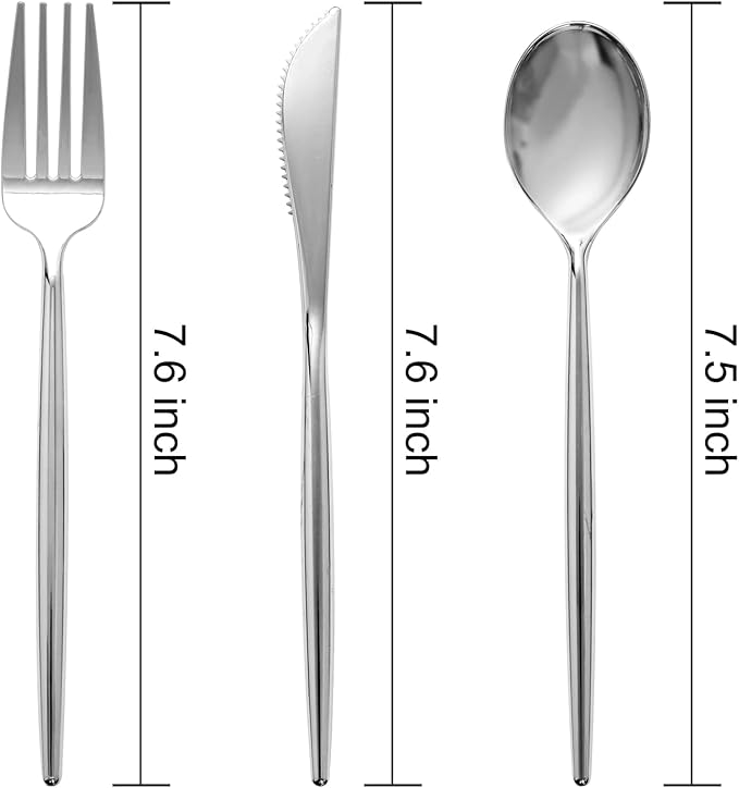 SUT 150Pcs Silver Plastic Silverware Set, Heavy Duty Disposable Cutlery Includes 50 Forks, 50 Spoons and 50 Knives for Party, Wedding and Catering