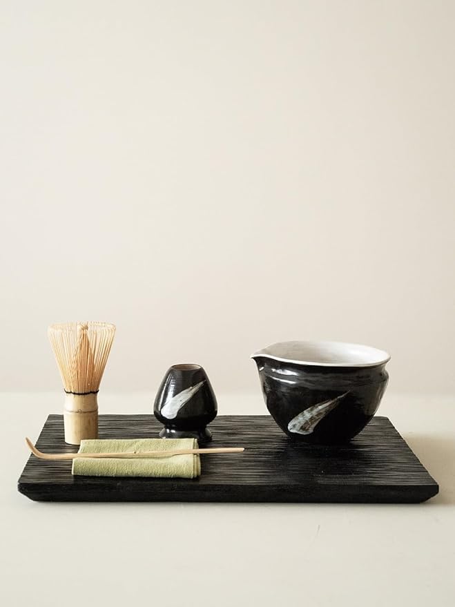 WUSEI Matcha Set with Handmade Ceramic Bowl & Bamboo Whisk, Ink Black,6-Pc