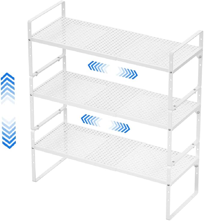 MIYUPTC Expandable Cabinet Shelf Rack, Large Kitchen Cupboard Organizer Stackable Cabinet Pantry Shelf, Organization and Storage for Kitchen Bathroom, Metal Plate, White, 3 Pack