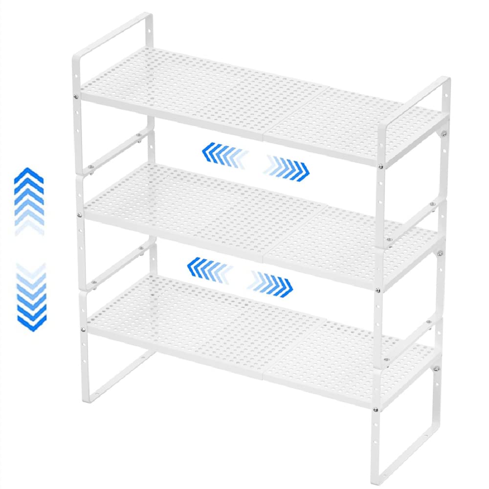 MIYUPTC Expandable Cabinet Shelf Rack, Large Kitchen Cupboard Organizer Stackable Cabinet Pantry Shelf, Organization and Storage for Kitchen Bathroom, Metal Plate, White, 3 Pack