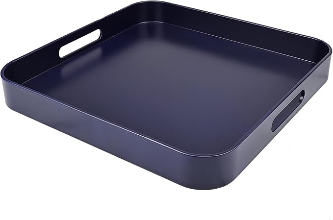 SforGUVA Square Navy Blue Decorative Serving Tray with Handles, Versatile Ottoman Tray for Coffee Table, Entertaining, Outdoor Patio, Living Room, 13”*13”*1.6”