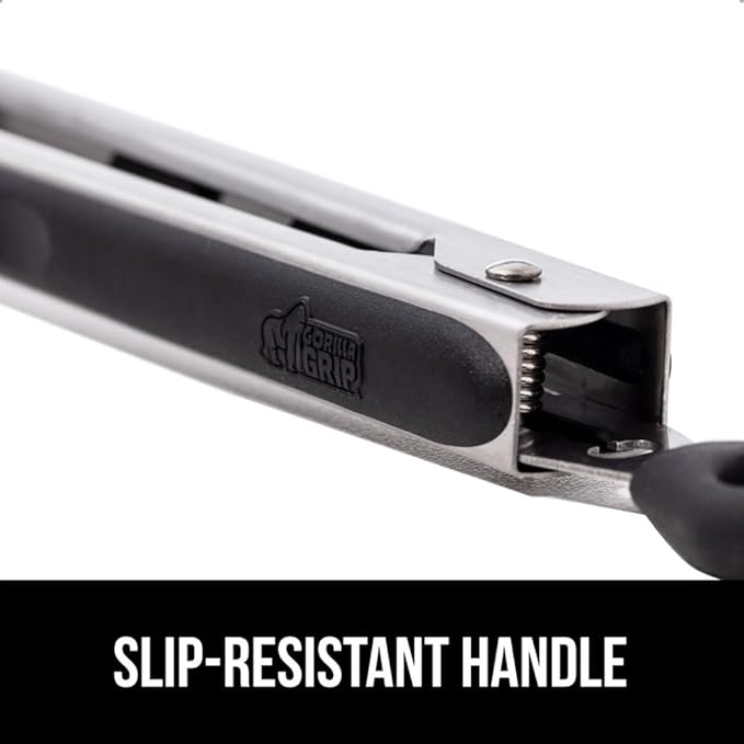 GORILLA GRIP Stainless Steel BPA-Free Kitchen Tongs for Cooking, 9+12 Inch, Heat Resistant BBQ Tong Set of 2, Non Scratch Silicone Tip for Pan, Strong Grip, Grab Food, Toss Salad, Pull Lock, Black