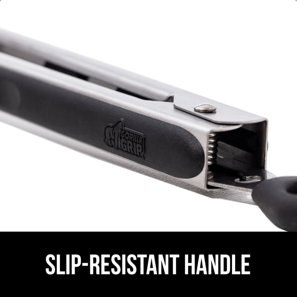 GORILLA GRIP Stainless Steel BPA-Free Kitchen Tongs for Cooking, 9+12 Inch, Heat Resistant BBQ Tong Set of 2, Non Scratch Silicone Tip for Pan, Strong Grip, Grab Food, Toss Salad, Pull Lock, Black