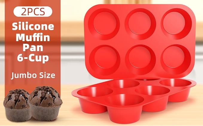 CAKETIME Silicone Jumbo Muffin Pan, 3.5 Inch Silicone Texas Muffin Pan 6 Cup Large Cupcake Pan Nonstick BPA Free Silicone Molds 2 Pack Red