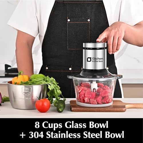 Kitchen in the box Food Processors,Small Meat Grinder & Food Chopper Electric Vegetable Chopper with 2 Bowls (8 Cup+8 Cup)& 2 Bi-Level Blades for Meat/fish/Vegetable/Baby Food,Black