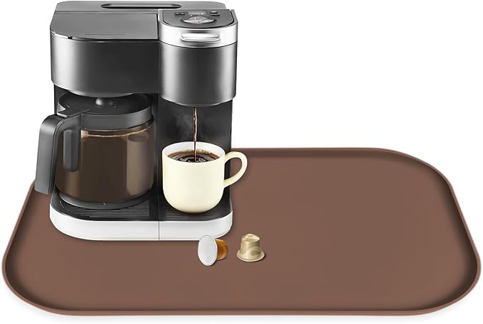Silicone Coffee Maker Mat with Lip for Countertops, 24'' x 16'', Brown