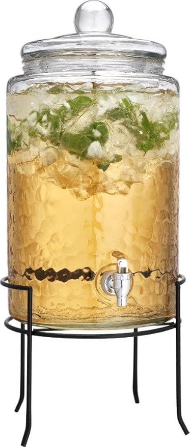 MosJos Classic Hammered Glass Ice Cold Beverage Drink Dispenser - 3 Gallon, With Glass Lid and Antique Metal Stand, 100% Leak Proof Spigot- Wide Mouth Easy Filling For Outdoor, Parties & Daily Use