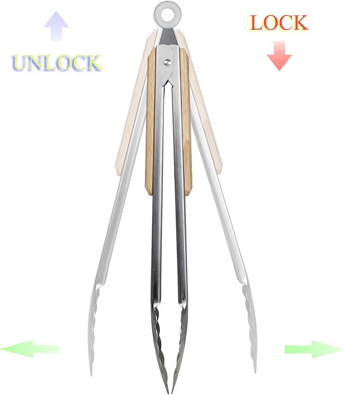 9+12 inch Stainless Steel Kitchen Tongs for cooking with Wood Handle, Set of 2