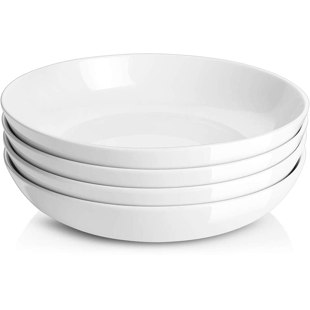 DOWAN 9.75" Pasta Bowls Set of 4, Large Shallow White Ceramic Salad Bowls, 50oz Wide Dinner Bowls for Pasta, Soup, Salad & Stew, Microwave & Dishwasher Safe, Housewarming Gift(Soft White)