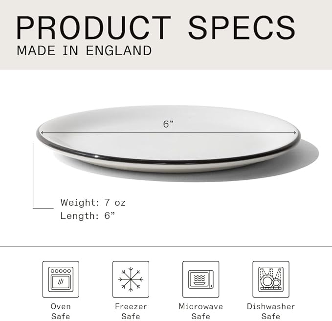 Made In Cookware - Set of 4 - Bread and Butter Plates - White With Black Rim - Porcelain England