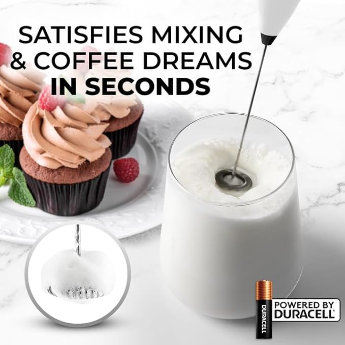 Zulay Kitchen Powerful Milk Frother Wand With Duracell Batteries - Ultra Fast Handheld Drink Mixer - Electric Whisk Foam Maker for Coffee, Lattes, Cappuccino & Matcha - Z1 Motor - White & Black