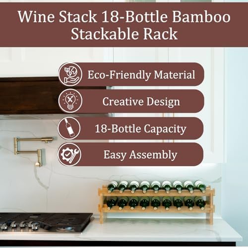 Wine Stack 18 Bottle Bamboo Stackable Small Wine Rack for Countertop, No Tools Assembly, Durable, Wine and Liquor Bottle Storage for Small Spaces