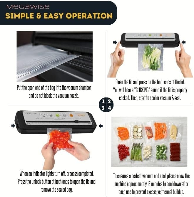 MegaWise Vacuum Sealer Machine, 80kPa Powerful Suction, One-Touch Automatic Food Sealer with Built-in Cutter & Bags Included, Dry Moist Modes for All Saving needs