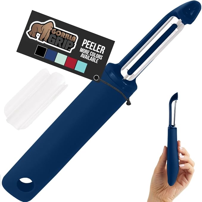 GORILLA GRIP® Patented BPA-Free Vegetable Peeler, Extra Sharp Swivel Stainless Steel Blades with Guard, Comfortable Soft Handle, Easily Peel Carrots or Fruit, Potato Eye Remover, Dishwasher Safe, Blue