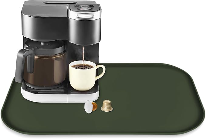 Silicone Coffee Maker Mat with Lip for Countertops, 24'' x 16'' Dark Green