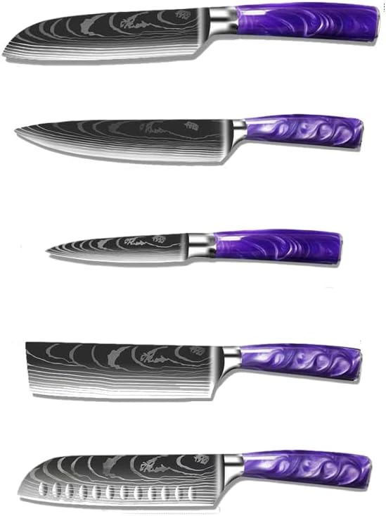 FIVE COWS 5-Piece Premium Japanese Kitchen Knife Set - Star Collection, Laser Damascus Pattern, 440A Stainless Steel Ultra Sharp for Fast Cutting (Purple 5A)