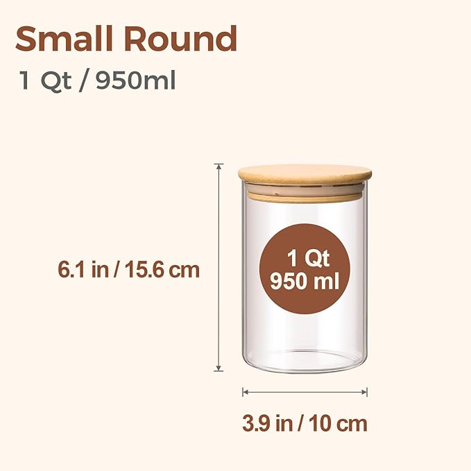 ComSaf Glass Storage Containers wtih Lids 1 Qt, Set of 6 Food Storage Jars
