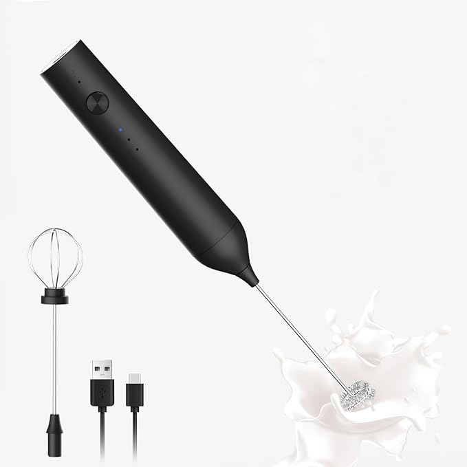 ELMWAY Rechargeable Milk Frother Handheld, 3-Speed Electric Whisk Frother Wand with Egg Whisk Attachment for Coffee, Matcha, Protein Powder, Latte & Cappuccino(Black without Stand)