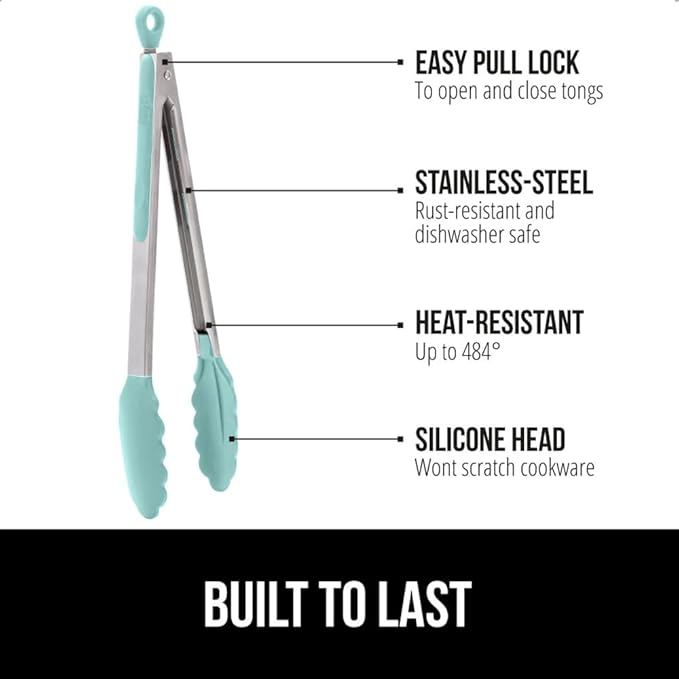 GORILLA GRIP Stainless Steel BPA-Free Kitchen Tongs for Cooking, Heat Resistant BBQ Tong Set of 2, Non Scratch Silicone Tip for Pan, Strong Grip, Grab Food, Toss Salad, Pull Lock, 7+9 Inch, Mint