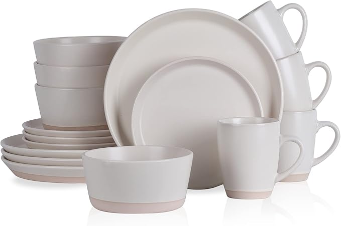 Stone Lain Jules Stoneware 16-Piece Dinnerware Set, Plates and Bowls, Service for 4, Off White, Microwave & Dishwasher Safe