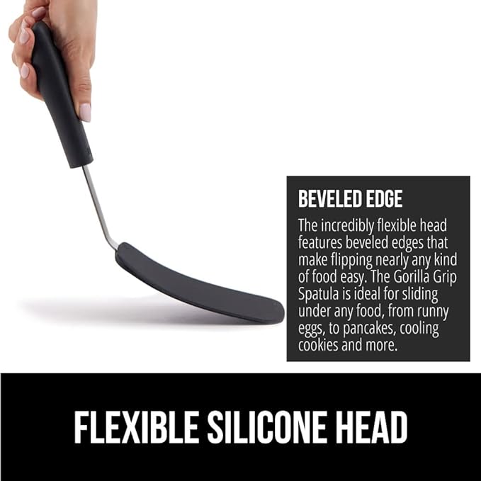 GORILLA GRIP BPA-Free Silicone Spatula for Non Stick Frying Pan, 2 PK, Heat Resistant Flexible Head, Patented Soft Comfortable Handle, Non-Scratch Kitchen Turner, Flip Burgers, Pancakes, 11.6 in Black