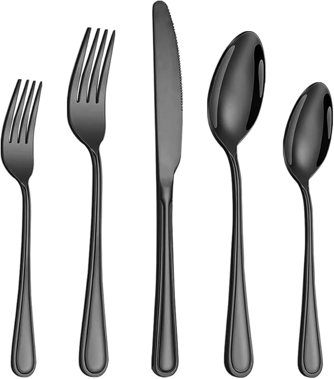 40 Pcs Black Silverware Set for 8, Food Grade Stainless Steel Flatware Set, Eating Utensils Sets Include Fork/Knife/Spoon, Reusable Cutlery Set for Home Kitchen, Dishwasher Safe, Double-stripe
