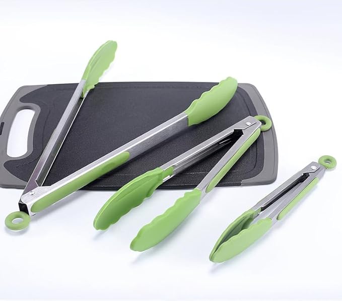 AMZDIAI Kitchen Tongs with Silicone Tips,Tongs for Cooking Heat Resistant 600 Degrees Stainless Steel Locking Tongs,Grass Green Set of 3-7", 9" and 12"