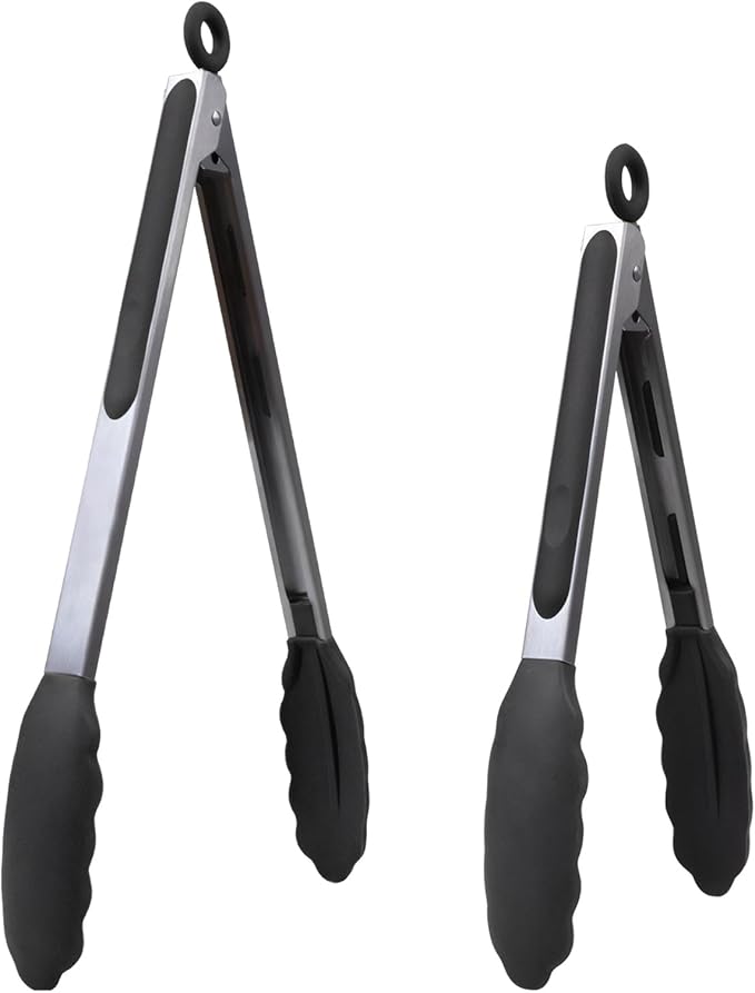 IOCBYHZ Kitchen Tongs for Cooking with Non-Stick Silicone Tips, 600°F Heat Resistant Silicone Cooking Food Tong Set Heavy Duty Stainless Steel Handle for Baking Grilling BBQ Salad Serving, 9" and 12"