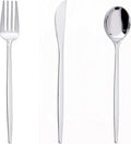 PULOTE 150PCS Silver Plastic Silverware Disposable - Heavy Duty Silver Plastic Cutlery Set - Plastic Utensils Set Include 50 Knives,50 Forks and 50 Spoons for Wedding,Party&Christmas