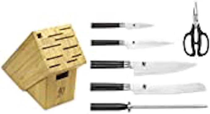 Shun Classic 7 Piece Essential Block Set, Includes 8" Chef, 3.5" Paring, 6" Utility, 9" Bread Knives & Herb Shears, Handcrafted Japanese Knife Block Set, Pakkawood Handles