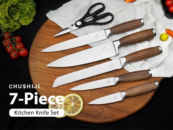 Knife Block Set（Walnut handle）, 7-Piece Black Kitchen Knife Set for Home, Anti-Rust Non-stick Stainless Steel Sharp Chef Knife Set with Universal