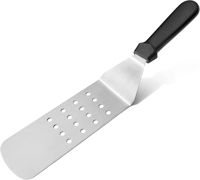 New Star Foodservice 14.5 Inch Perforated Flexible Grill Turner, Stainless Steel Spatula with Black Plastic Handle for Griddle, Flat Top, Grill, and Restaurant Use