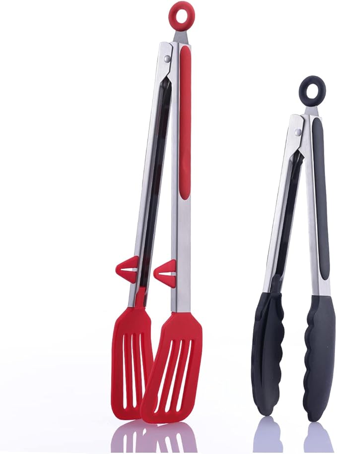 Enrunnig Silicone Tip Kitchen Tongs - 9 & 12 Inch with Locking Handle, Heat Resistant Stainless Steel for Grilling, Serving, BBQ, Non-Stick Pans (Black & Red)