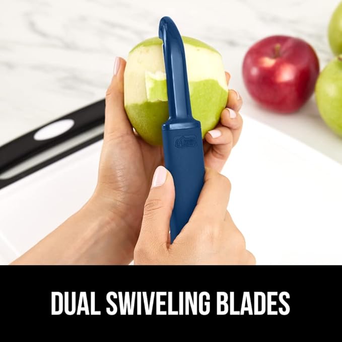 GORILLA GRIP® Patented BPA-Free Vegetable Peeler, Extra Sharp Swivel Stainless Steel Blades with Guard, Comfortable Soft Handle, Easily Peel Carrots or Fruit, Potato Eye Remover, Dishwasher Safe, Blue