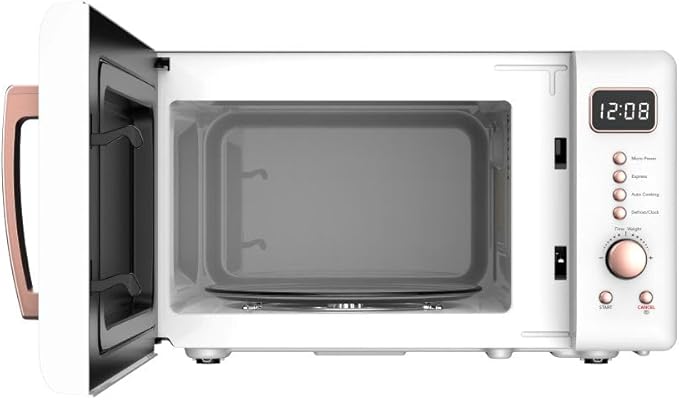 Frigidaire, 0.7 Cu. Ft. Retro Countertop Microwave Oven, 700W Compact Microwave with 8 Auto Cook Menus, Auto Defrost, 5 Power Levels, LED Display, Glass Turntable, White-RoseGold