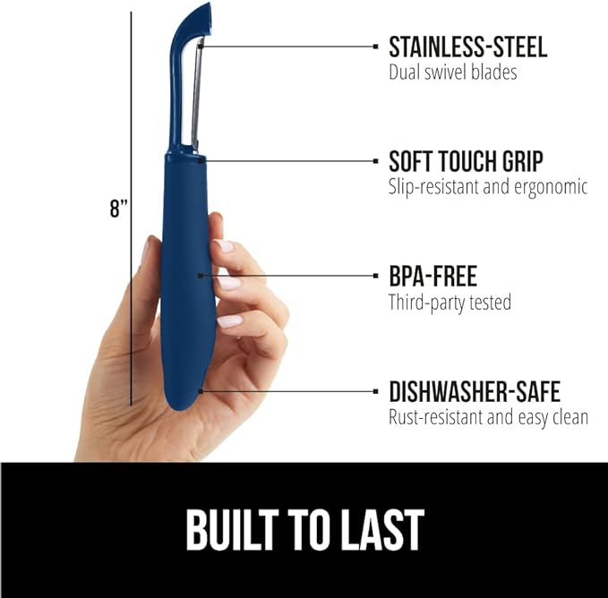 GORILLA GRIP® Patented BPA-Free Vegetable Peeler, Extra Sharp Swivel Stainless Steel Blades with Guard, Comfortable Soft Handle, Easily Peel Carrots or Fruit, Potato Eye Remover, Dishwasher Safe, Blue