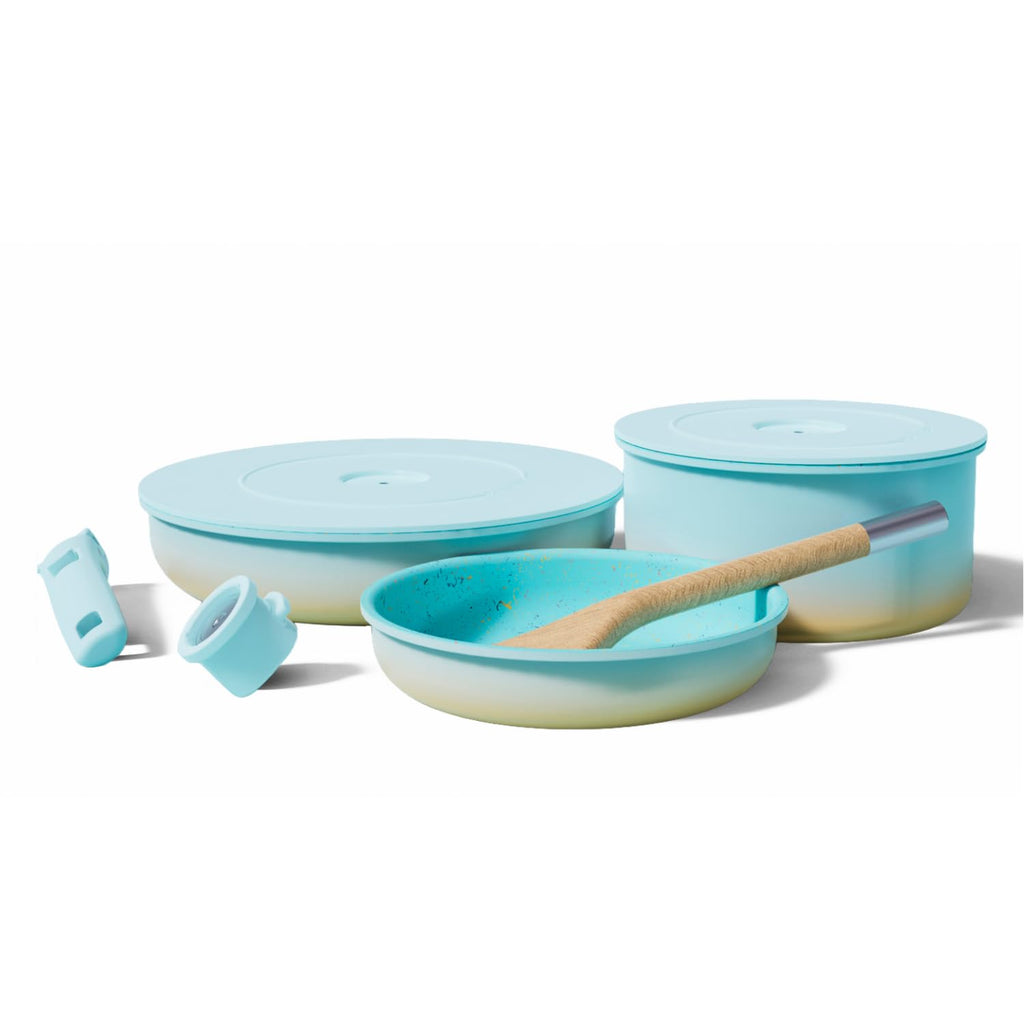 BytheTable Ombré Titanium Ceramic Cookware Set Non Toxic – 8 Pcs Non Stick Pots and Pans Set with Removable Handles, Magnetic Lid & Wooden Spatula for Cooking – Oven & Dishwasher Safe (Catalina Blue)
