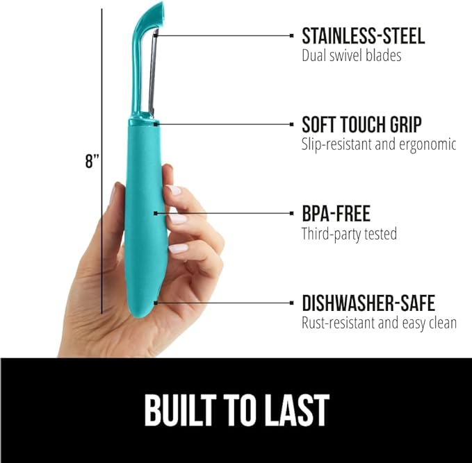 GORILLA GRIP® Patented BPA-Free Vegetable Peeler, Extra Sharp Swivel Stainless Steel Blades with Guard, Comfortable Soft Handle, Easily Peel Carrots Fruit, Potato Eye Remover, Washer Safe Turquoise
