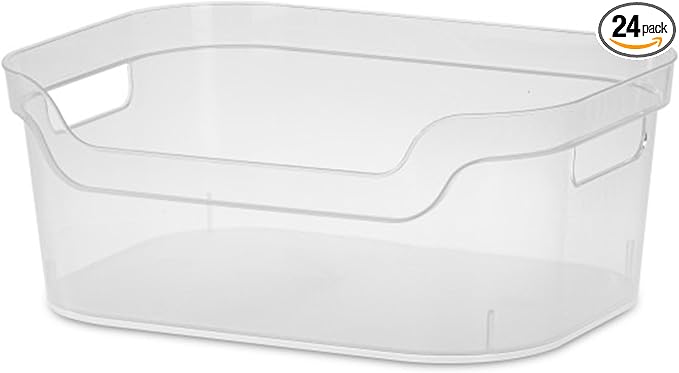 Sterilite 5.25x9.5x13 In Medium Polished Open Scoop Front Storage Bin w/Comfortable Carry Through Handles for Household Organization, Clear (24 Pack)