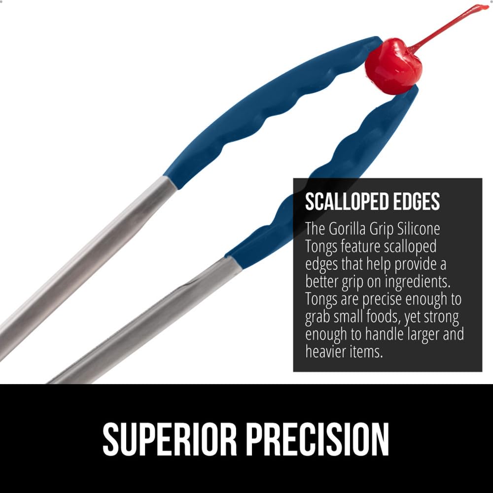 GORILLA GRIP Stainless Steel BPA-Free Kitchen Tongs for Cooking, 9+12 Inch, Heat Resistant BBQ Tong Set of 2, Non Scratch Silicone Tip for Pan, Strong Grip, Grab Food, Toss Salad, Pull Lock, Blue